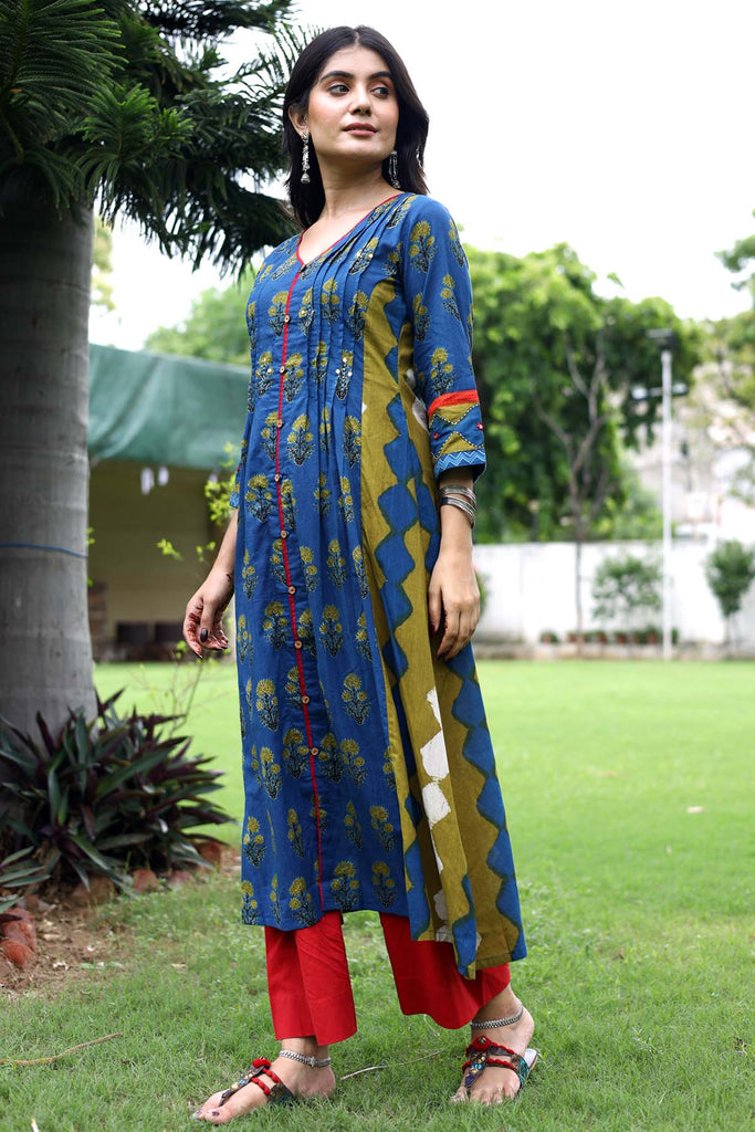 Indigo blue A-Line kurta in Cotton