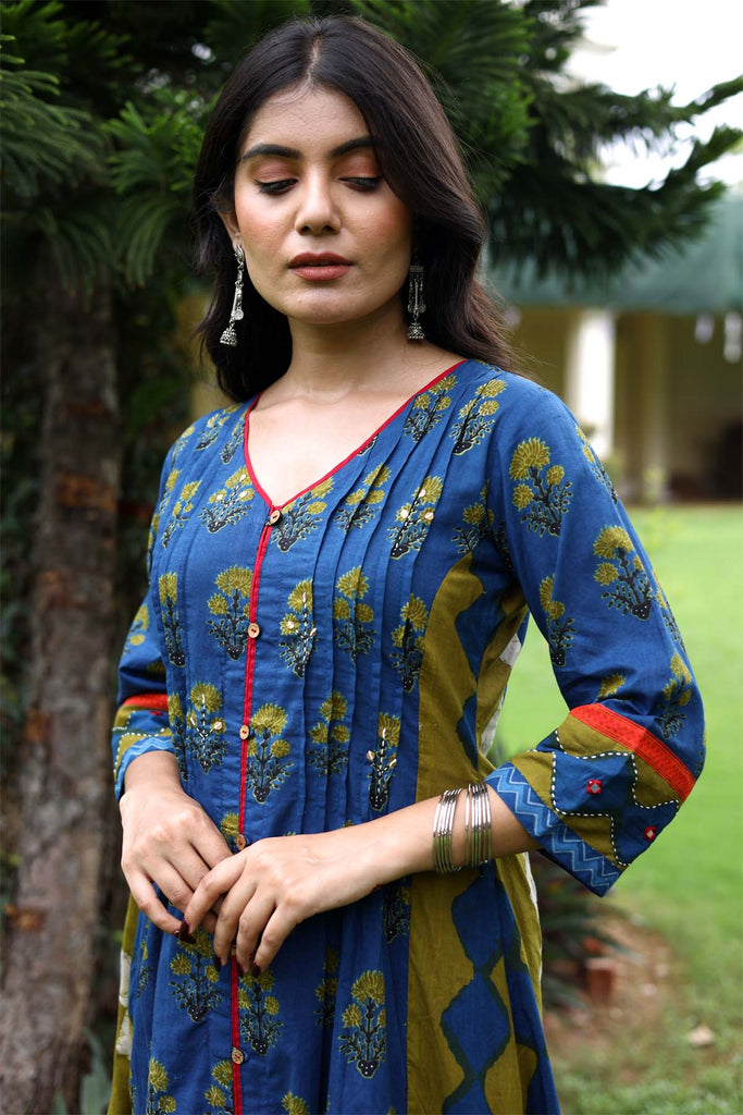 Indigo blue A-Line kurta in Cotton