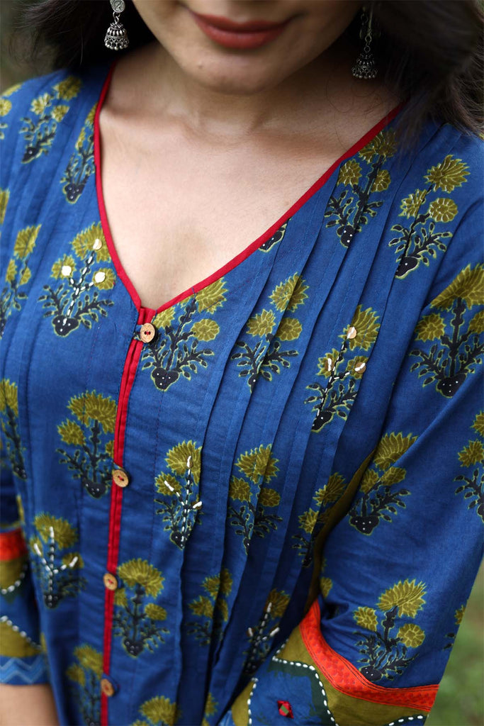 Indigo blue A-Line kurta in Cotton