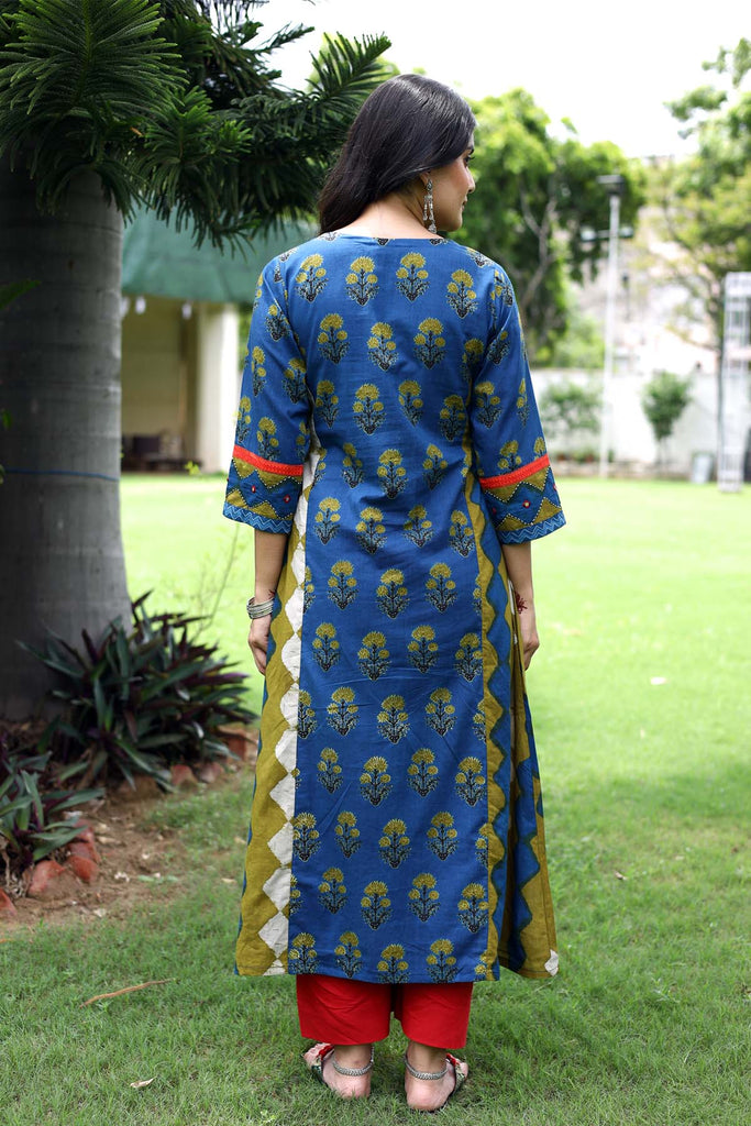 Indigo blue A-Line kurta in Cotton