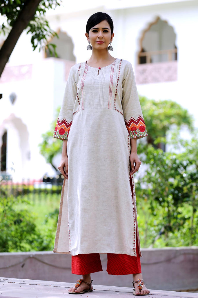 Long length straight fit kurta in beige color