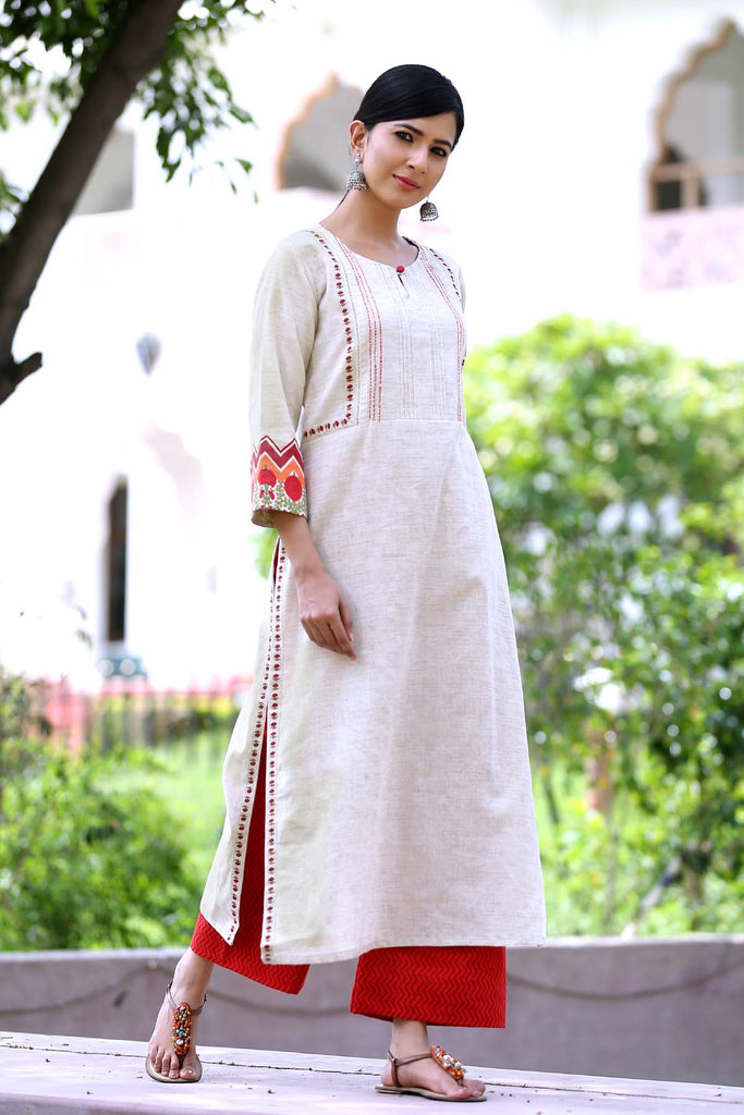 Long length straight fit kurta in beige color