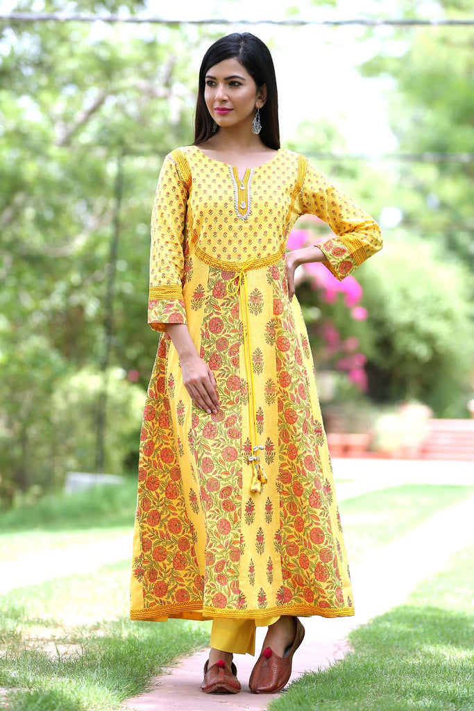 Yellow Kalidaar kurta with multiple prints