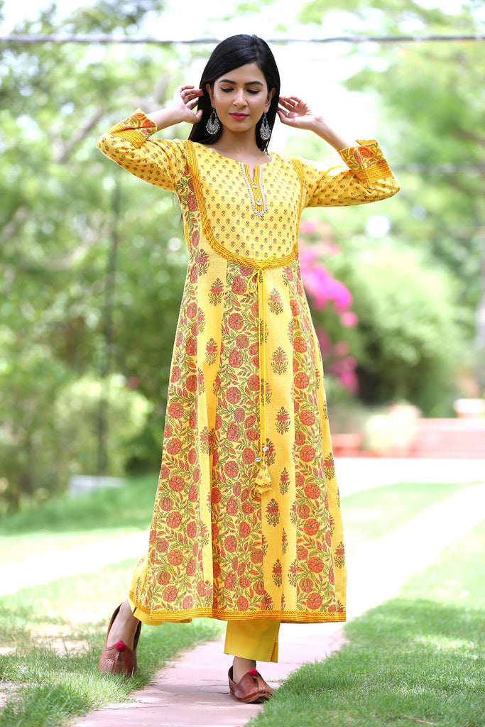 Yellow Kalidaar kurta with multiple prints