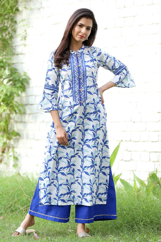 Long length straight kurta in White/Blue