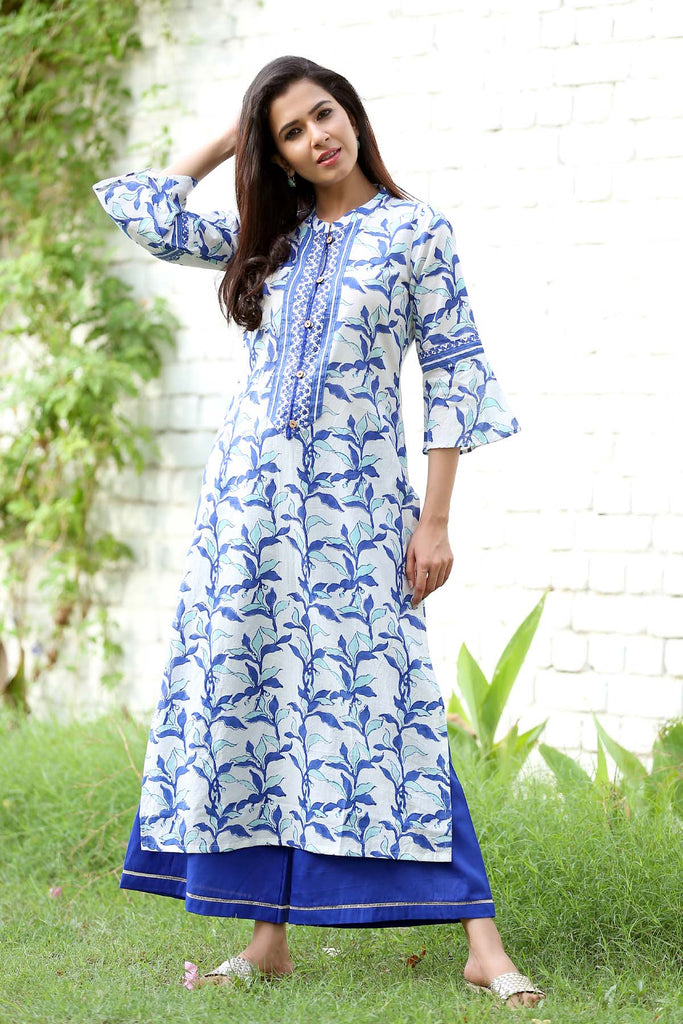 Long length straight kurta in White/Blue