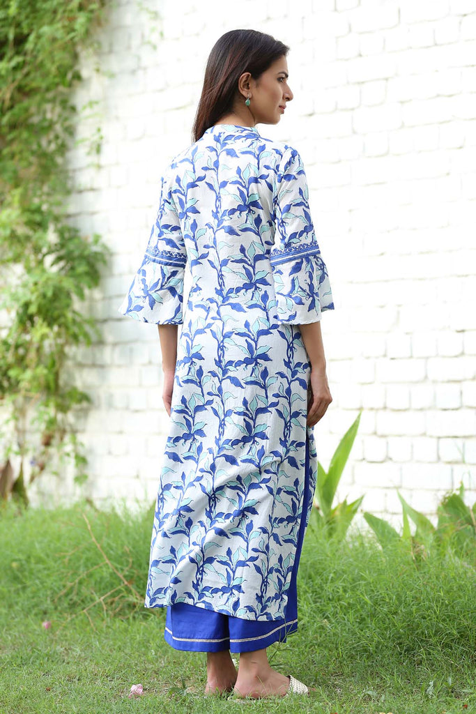 Long length straight kurta in White/Blue
