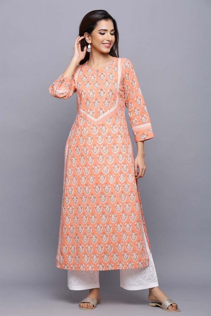 Long length straight fir kurta in peach color