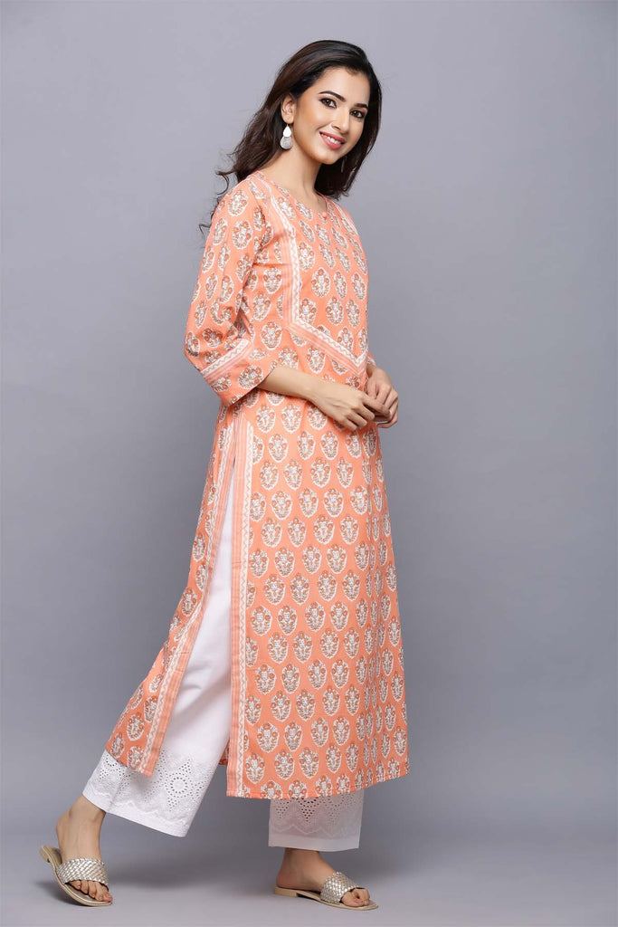 Long length straight fir kurta in peach color