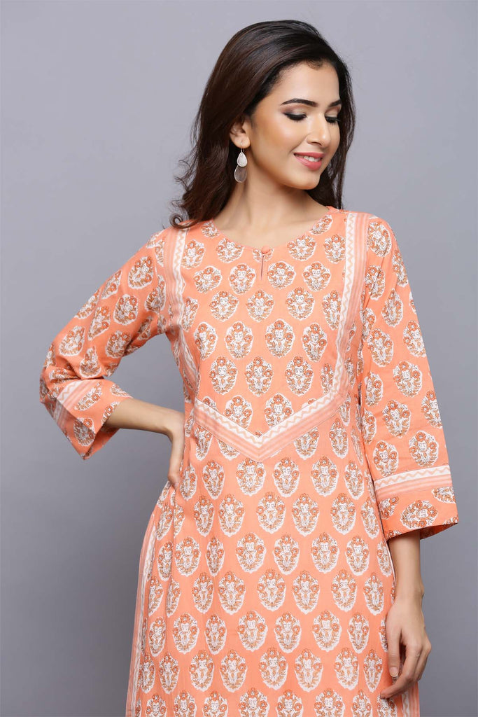 Long length straight fir kurta in peach color