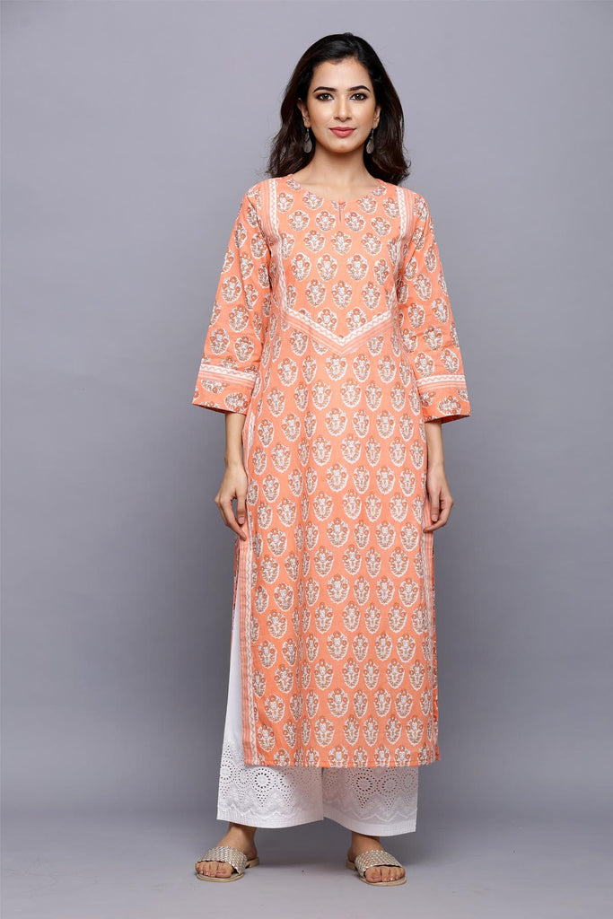 Long length straight fir kurta in peach color