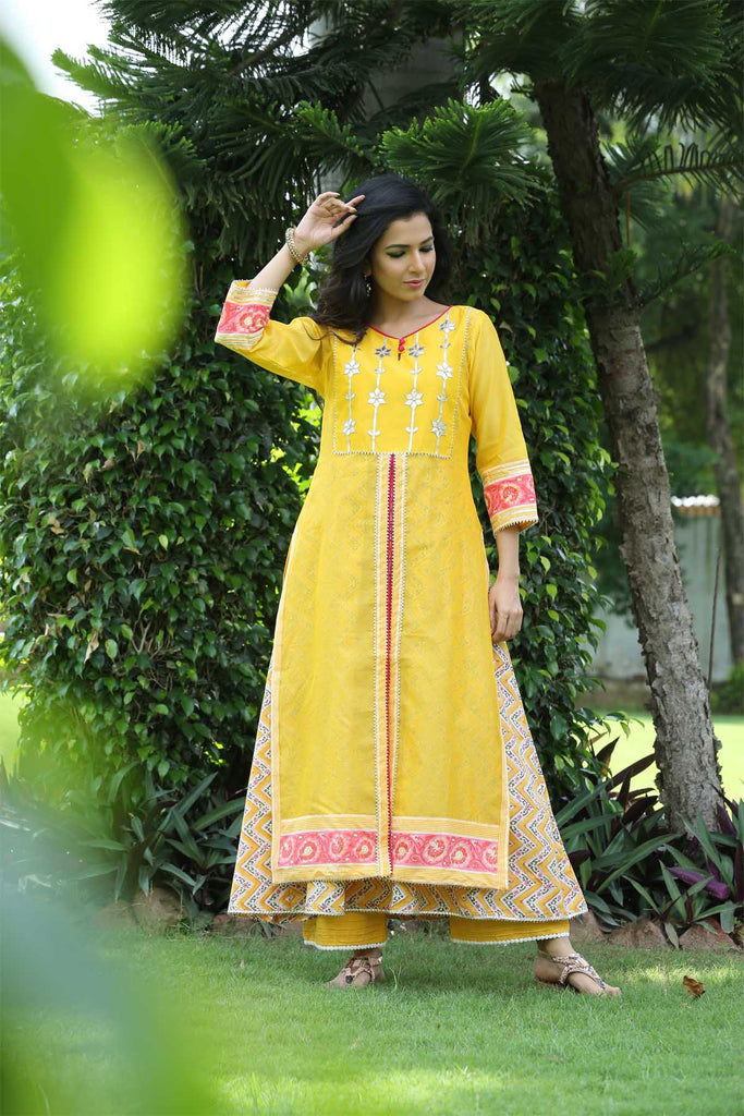 Yellow chanderi double layered kurta