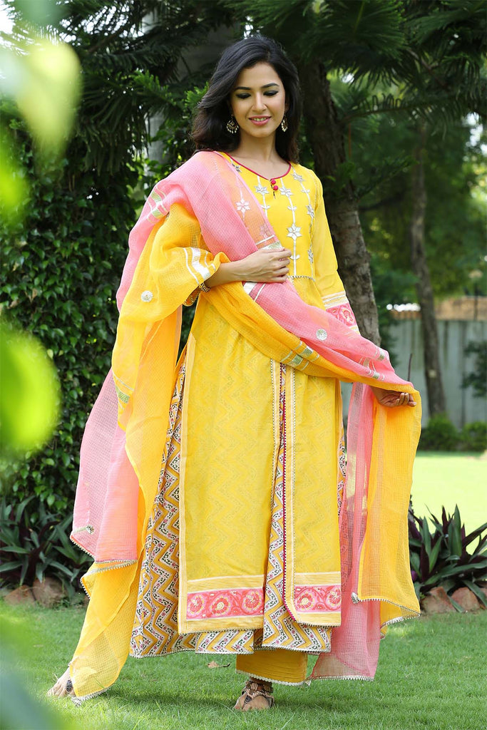 Yellow chanderi double layered kurta