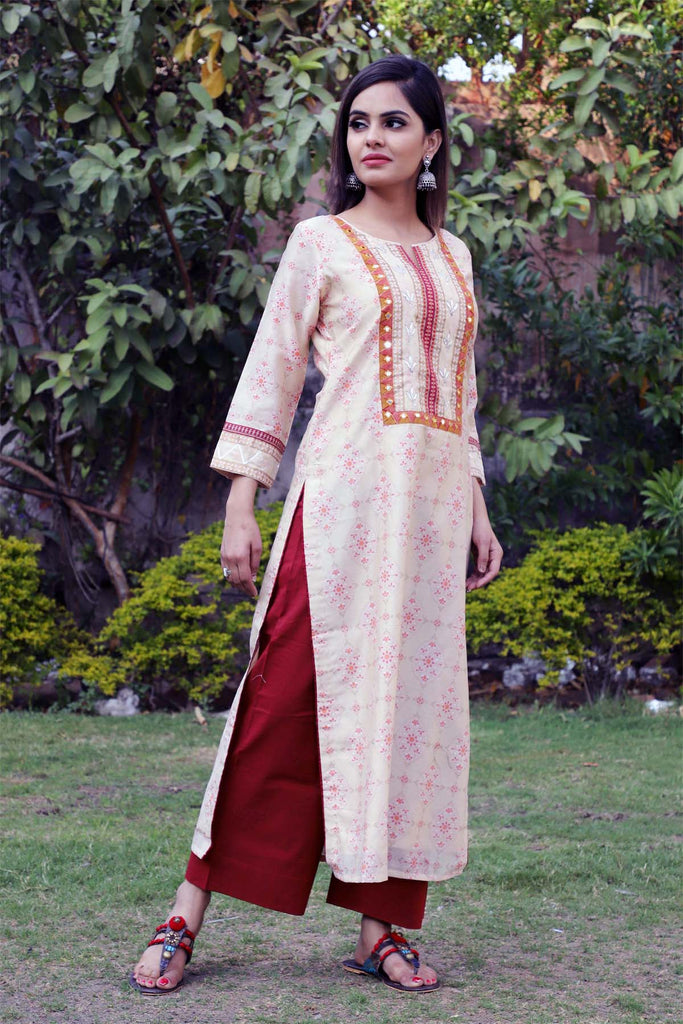 Straight fit Chanderi kurta in beige color(camel brown)