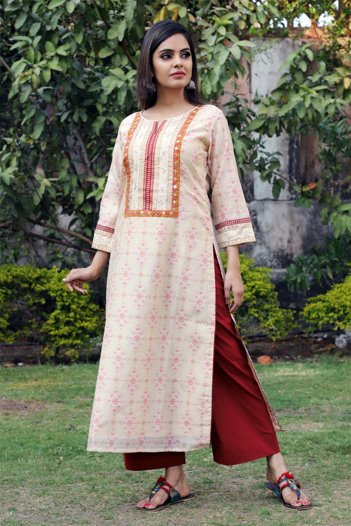Straight fit Chanderi kurta in beige color(camel brown)
