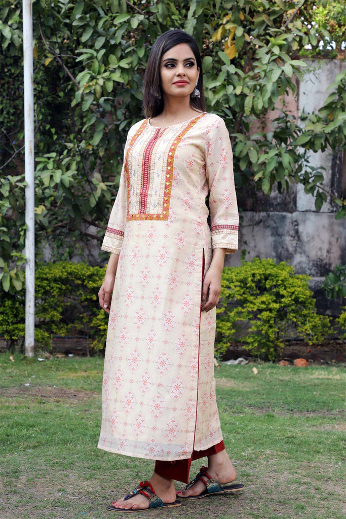 Straight fit Chanderi kurta in beige color(camel brown)