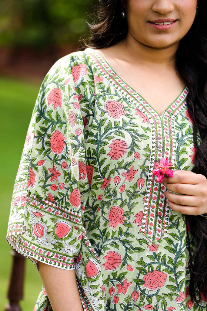 Green Handblock Cotton Loungewear Kaftan