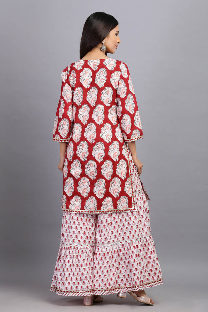 Hand block printed Red Short Kurta with matching Sharara