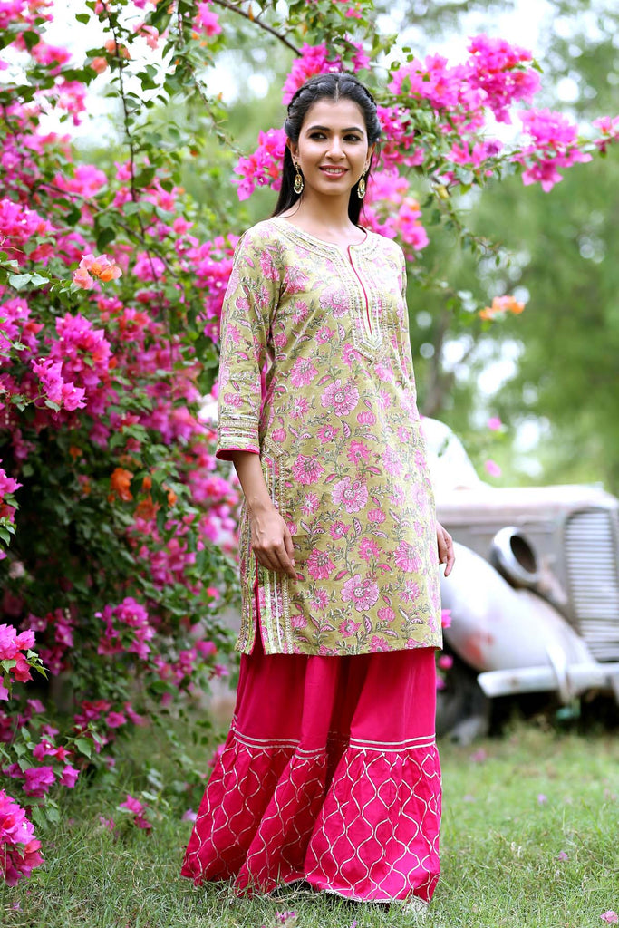Short Kurta in mehndi color with sharara pants