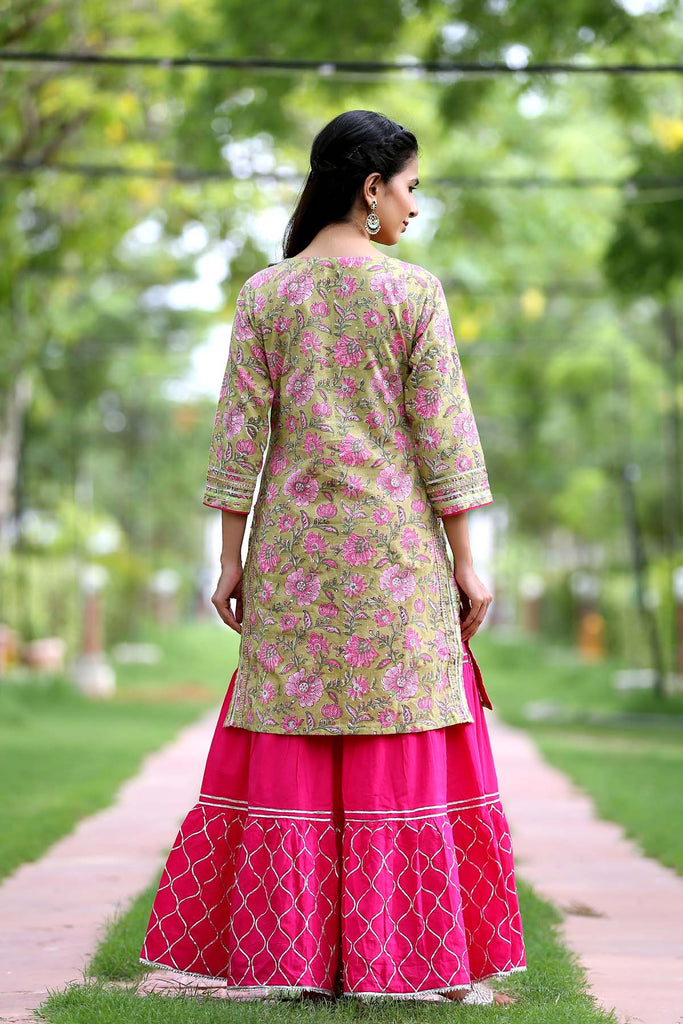 Short Kurta in mehndi color with sharara pants