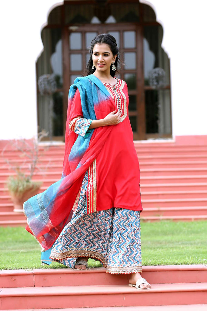 Red short kurti with Sharara Pants