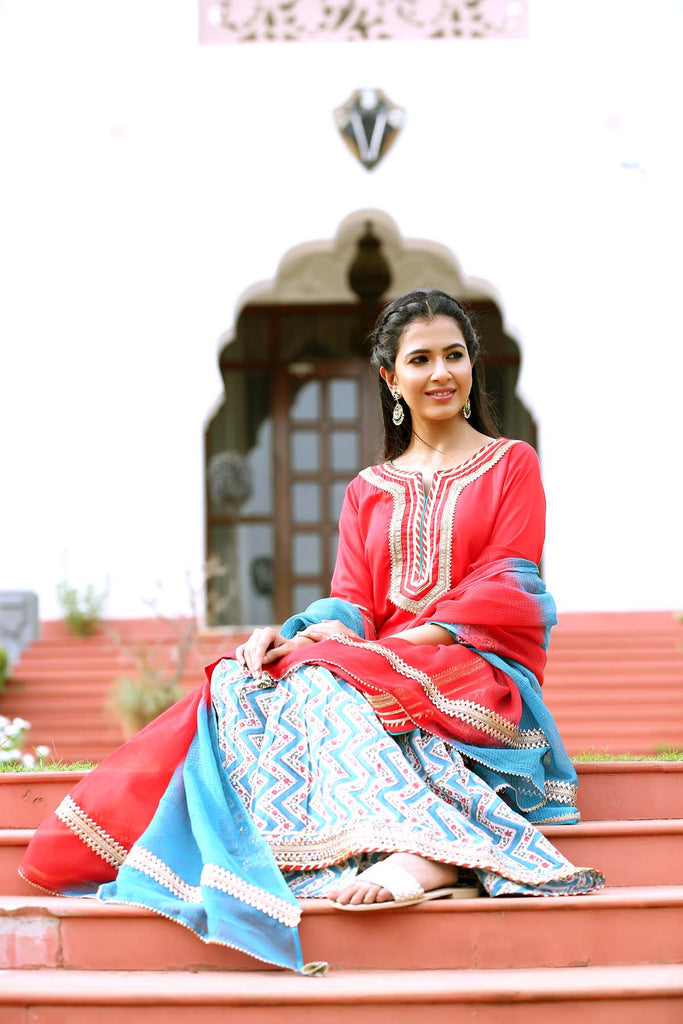 Red short kurti with Sharara Pants