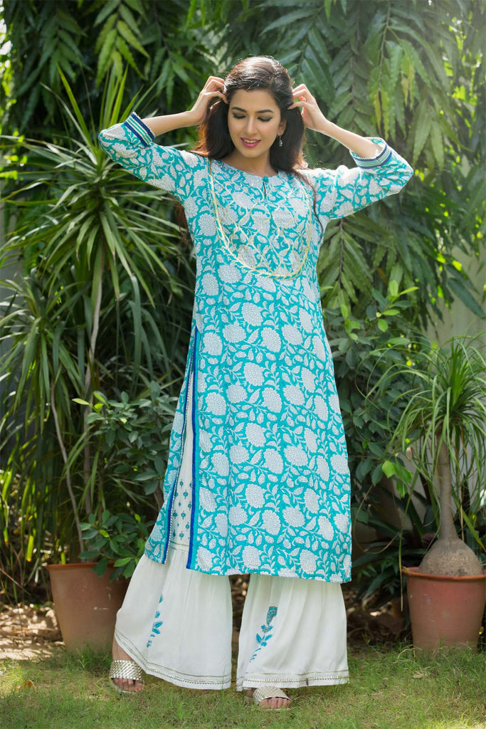 Kurta Sharara pant set in Phirozi color