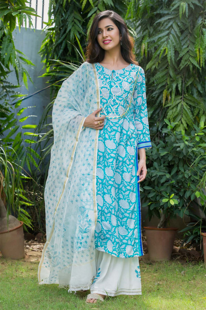 Kurta Sharara pant set in Phirozi color