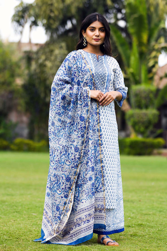 Kurta/Pant Set In Blue Handblock Buti Print
