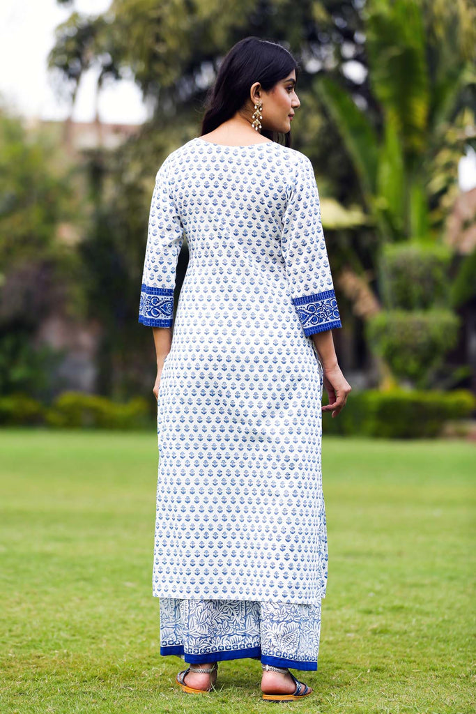 Kurta/Pant Set In Blue Handblock Buti Print
