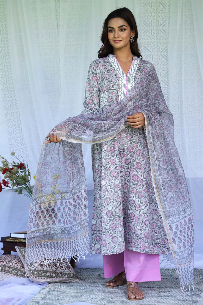 Cotton Handblock Printed Kurta In Grey Color
