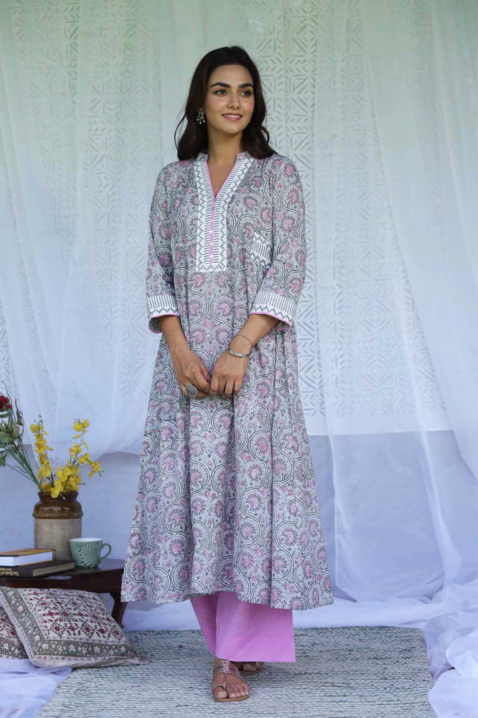 Cotton Handblock Printed Kurta In Grey Color