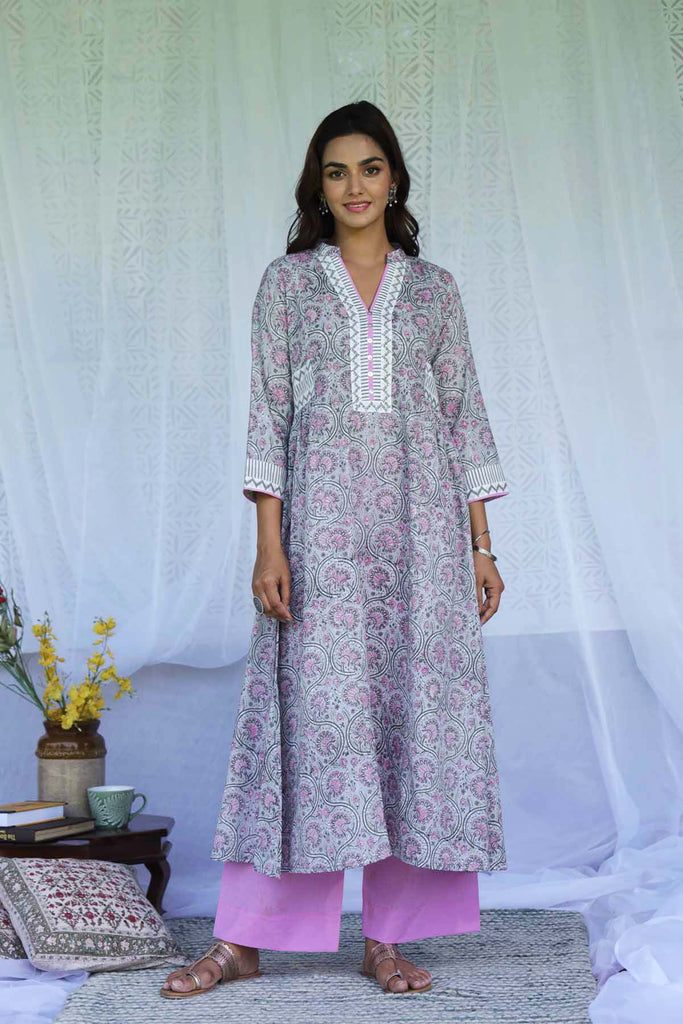 Cotton Handblock Printed Kurta In Grey Color