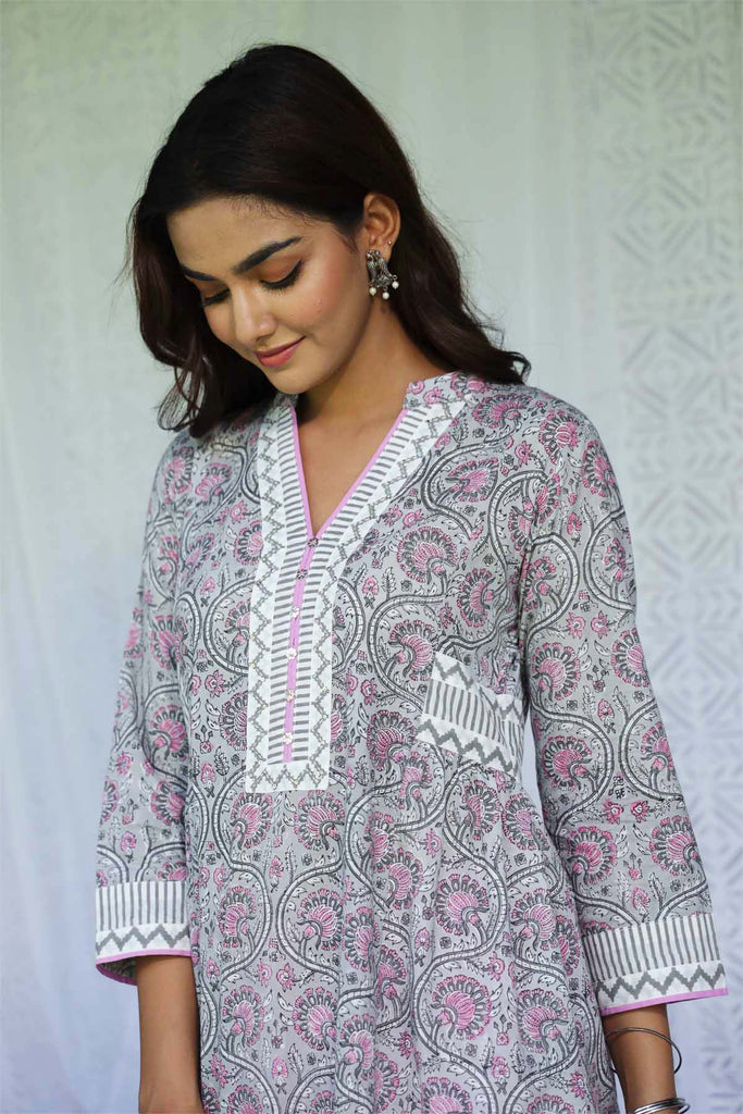 Cotton Handblock Printed Kurta In Grey Color