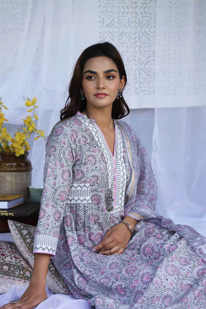 Cotton Handblock Printed Kurta In Grey Color