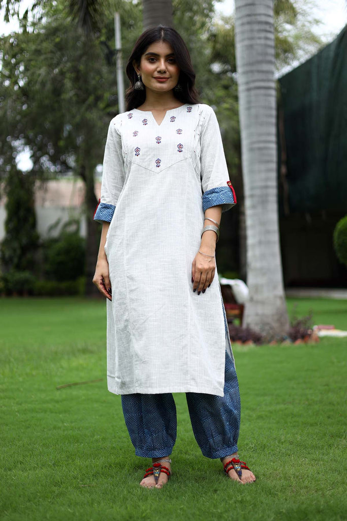 Frock style Cotton fabric White & Blue color Kurti with Embroidery, Thread  & Mirror work and printed Dupatta