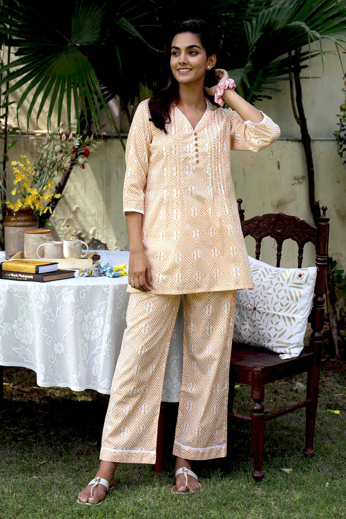 Cotton Loungewear Set In Pastel yellow Color