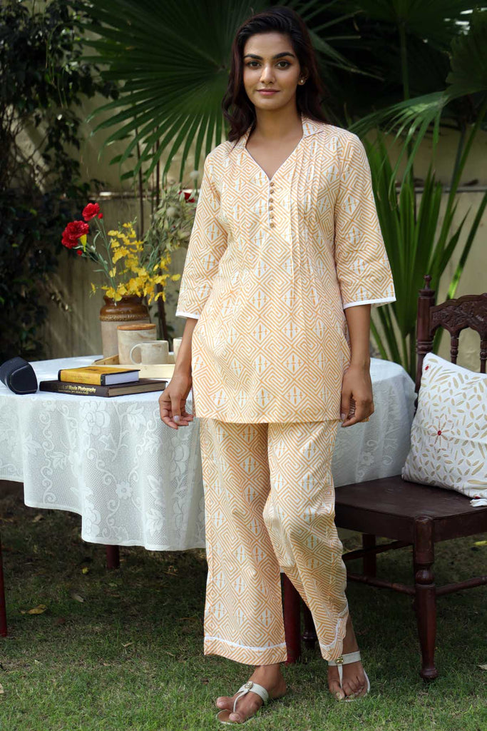 Cotton Loungewear Set In Pastel yellow Color