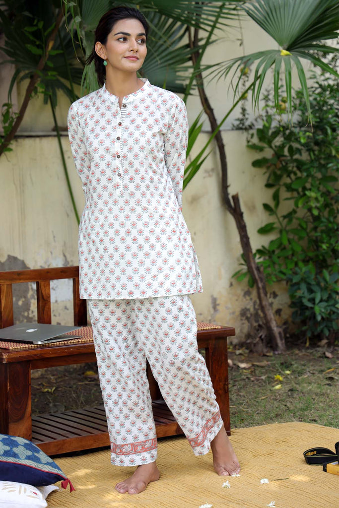 Cotton Loungewear Set In Pearl White Color