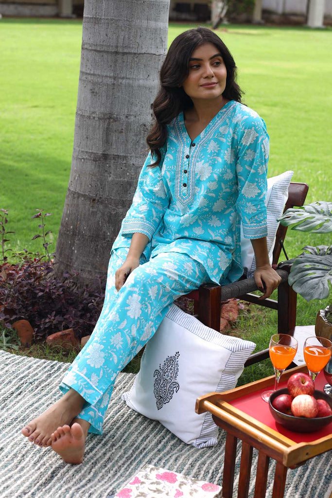 Cotton Loungewear Set In Firozi blue Color