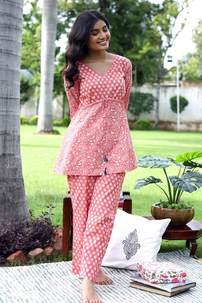 Cotton Loungewear Set In Coral Peach Color