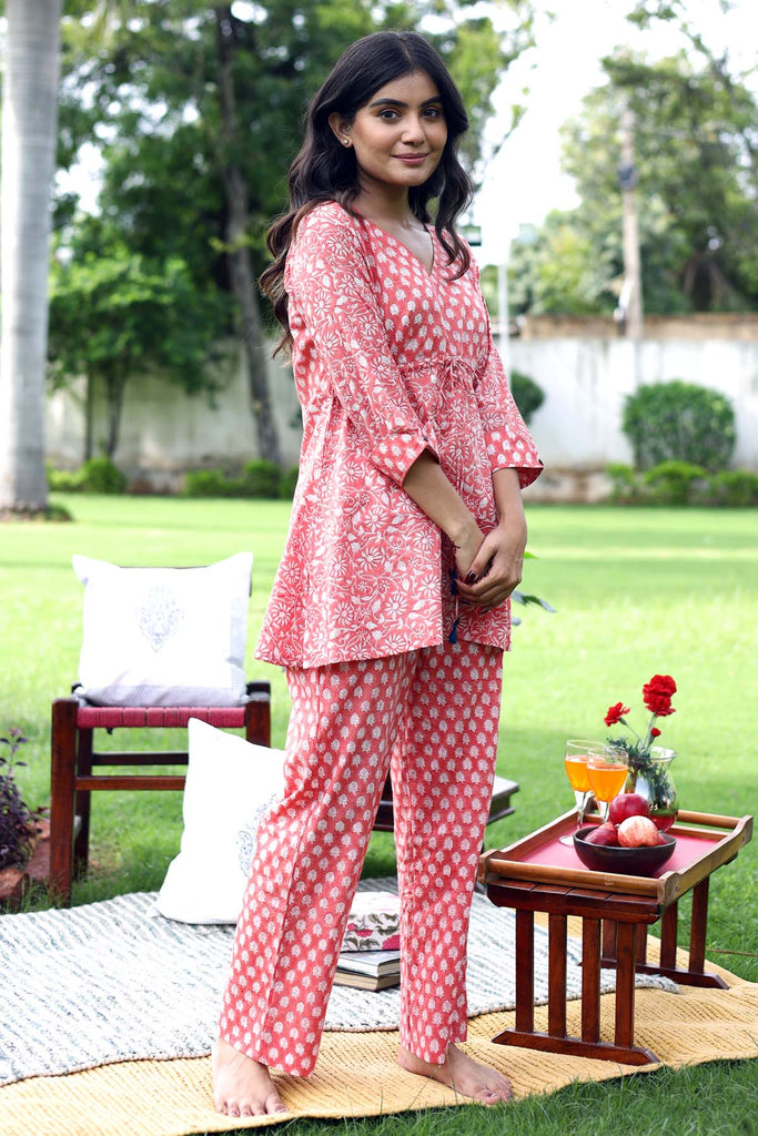 Cotton Loungewear Set In Coral Peach Color