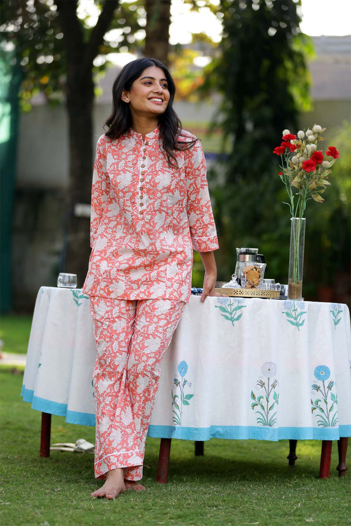 Peach Floral Print Cotton Loungewear Set