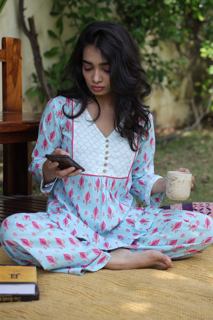 Cotton Loungewear Set in aqua blue color