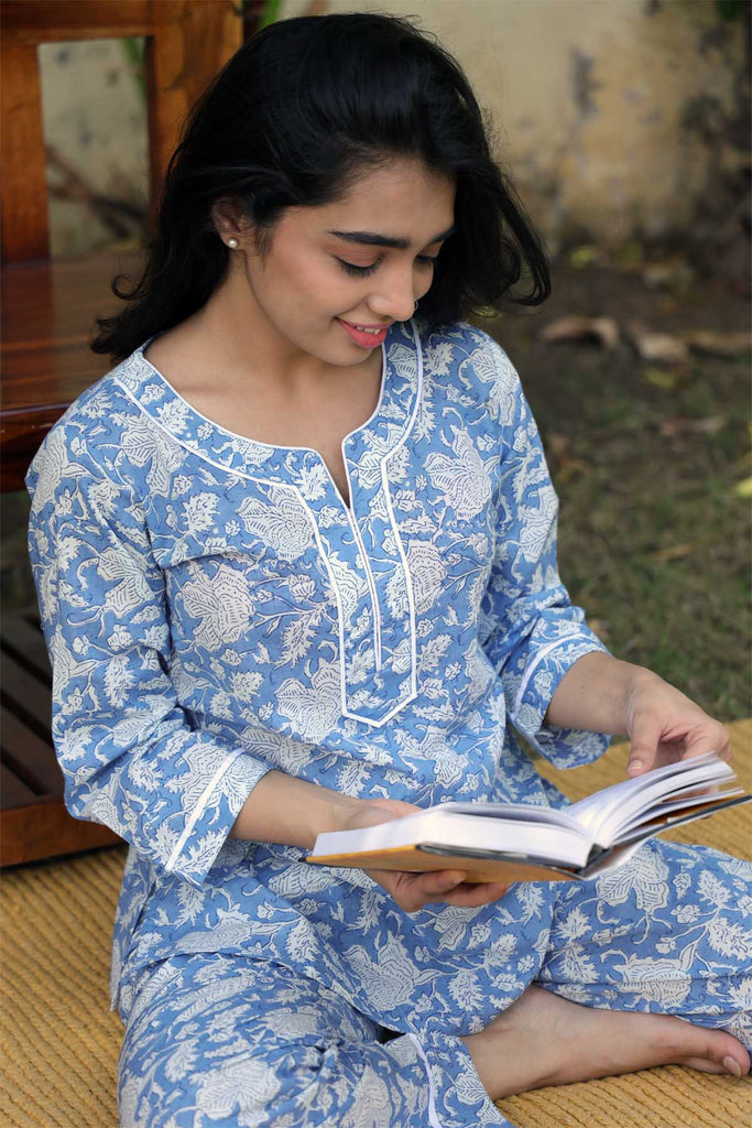 Cotton Loungewear Set In Light blue color