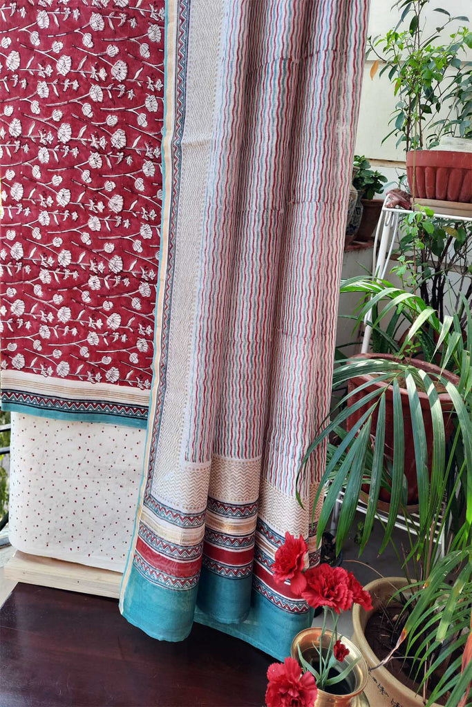 Chanderi Silk Dress Material With Dupatta In Block Print