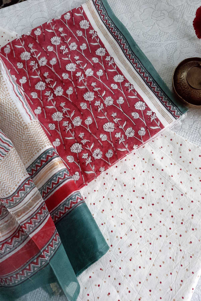 Chanderi Silk Dress Material With Dupatta In Block Print