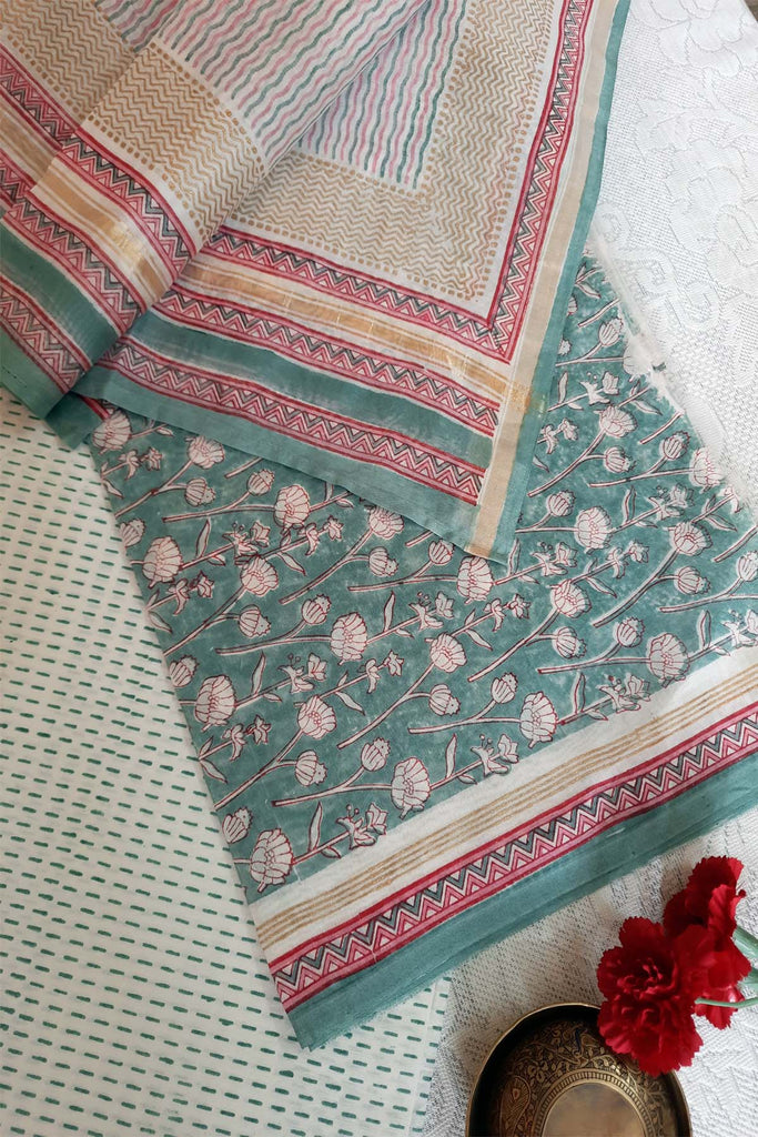 Chanderi Silk Dress Material With Dupatta In Block Print