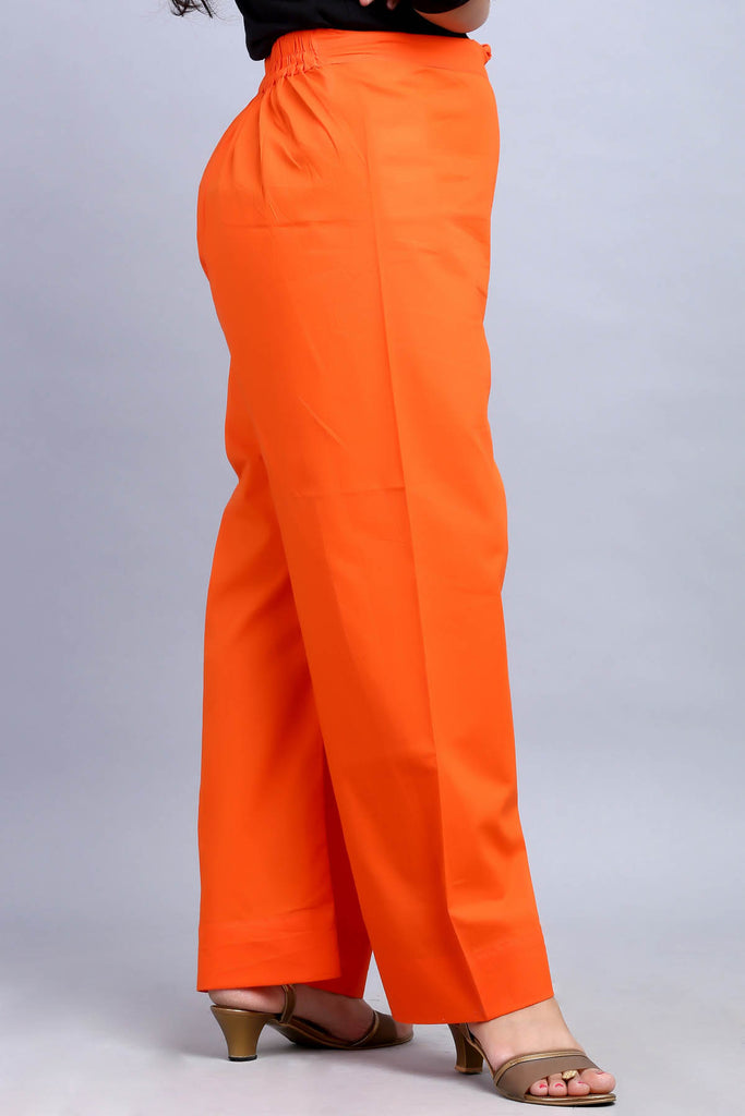 Orange Cotton Straight Pants with Elasticated Waist