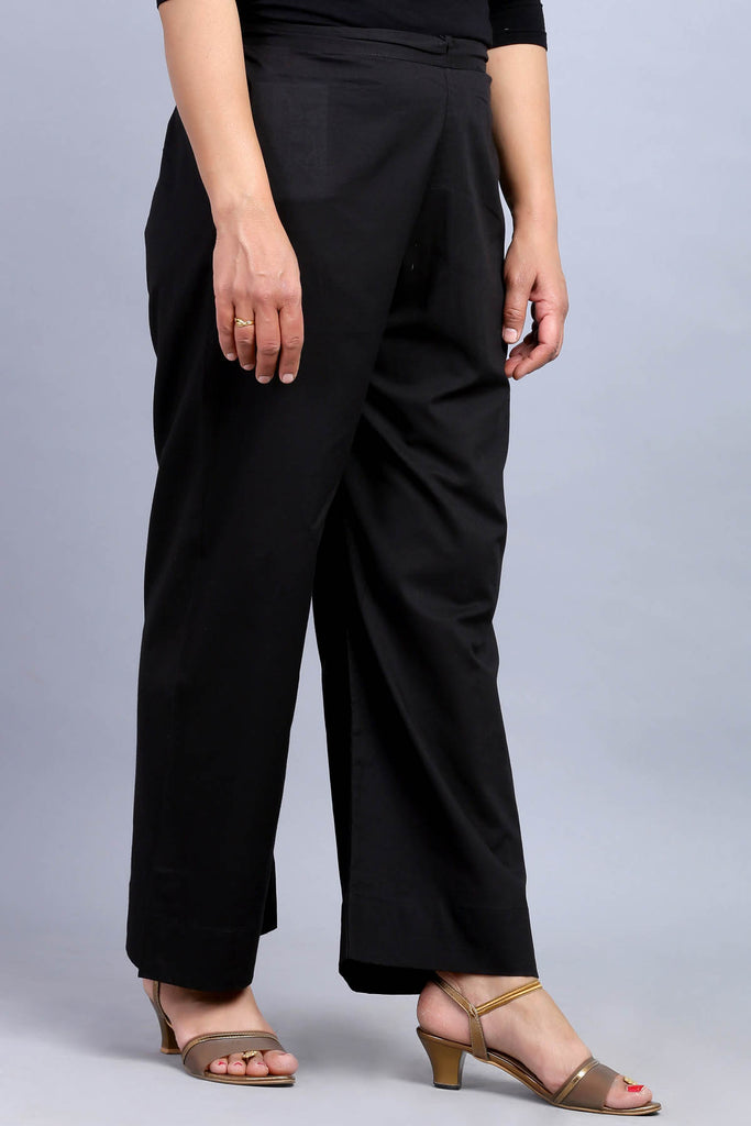 Black Cotton Straight Pants with Elasticated Waist